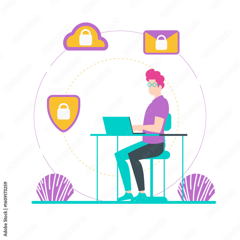 Aufkleber cyber security. man working on laptop with cybersecurity icons isolated on transparent background
