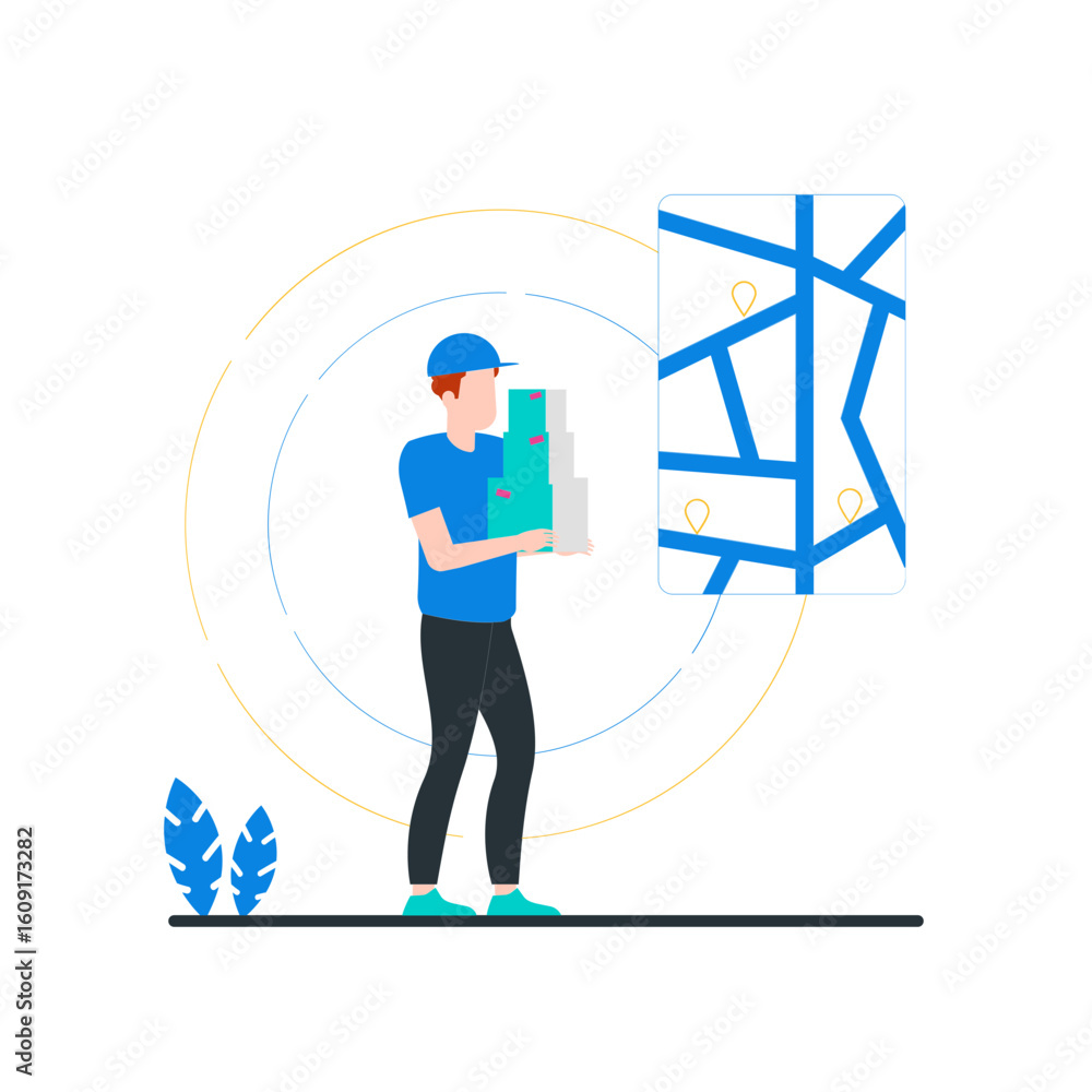 Poster delivery man. delivery person holding packages next to a navigation map isolated on transparent back