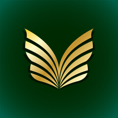 Golden butterfly jewelry stylized symbol. Brooch or badge template silhouette. Gold wings sign.