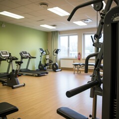 Obraz premium Bright fitness with exercise machines and natural light.