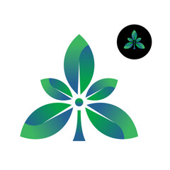 Colorful 3d leaves logo. Agricultural, natural or science stylized symbol with plant branch and leaves. Bright gradient color fill technical sign with petal elements. Ecology design concept.
