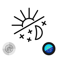 Day and night concept icon. Sun and moon with stars on the blue sky background. 24 hours a day working time line symbol. Sunlight and sunset. Editable stroke.