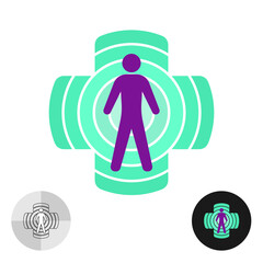 Man silhouette in a green medical cross logo icon. Standing person with concentric circles and green cross shape behind stylized medicine symbol. Cure with sound or other type waves. Health check up c