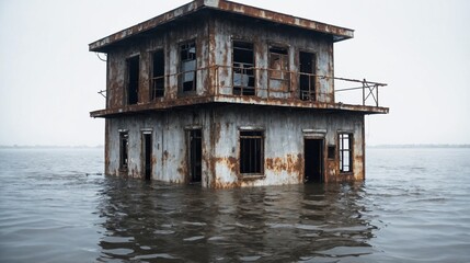 Rusted Abandoned House Submerged In Floodwater