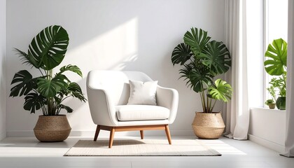 Fototapeta premium Modern, light-filled living room with plants and armchair