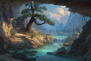 Pixelated Mountain Valley Scene With Waterfall