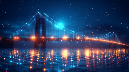 Fototapeta premium Futuristic Suspension Bridge at Night Digital Network Concept