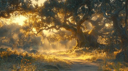 Obraz premium Sunlit path through ancient trees