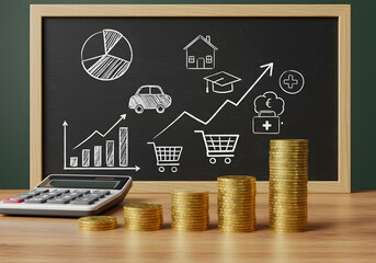 Stacks of golden coins in increasing height with a blackboard background showing a rising line graph and financial icons.