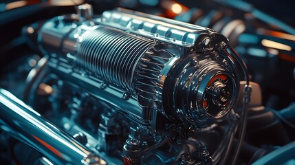 Fototapeta premium The intricately designed chrome engine of a high performance vehicle gleams, showcasing precision enginee and power, set against a softly blurred backdrop.