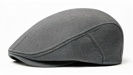 Gray fabric newsboy cap, side view, on white background