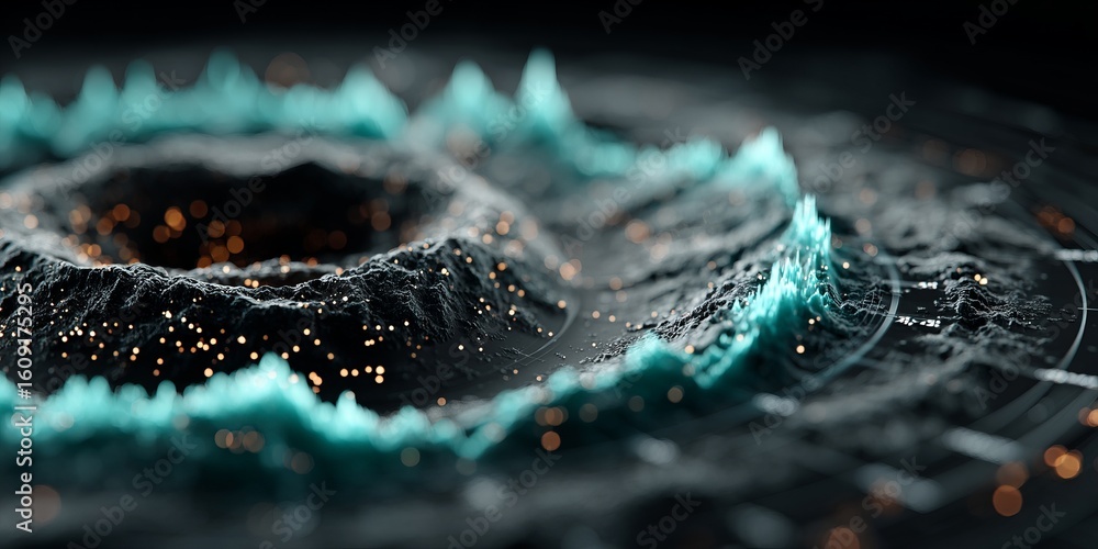 Poster futuristic 3d terrain visualization with circular crater structure, glowing particles and neon blue 
