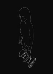 A little girl rides a hoverboard with confident posture, captured in black and white contour illustration. The dynamic pose contrasts against a dark background, emphasizing motion and simplicity.