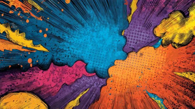 Multicolored comic book explosion in pop art style with halftone shading on a dramatic background, symbolizing energy and action - Powered by Adobe