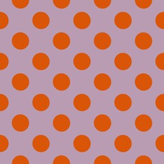 A grid of evenly spaced red-orange circles is set against a muted purple background, creating a simple yet striking pattern. The geometric arrangement emphasizes symmetry and repetition.