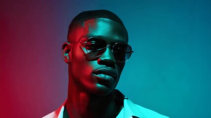 Close-up of a fashionable man wearing sunglasses, lit by red and blue neon light, against a gradient background, concept of modern style