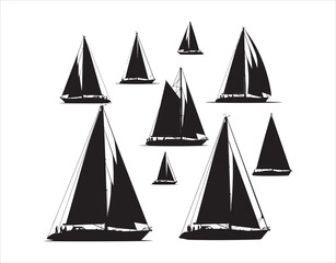 Drawing of sailing yachts in vector style on a white canvas

