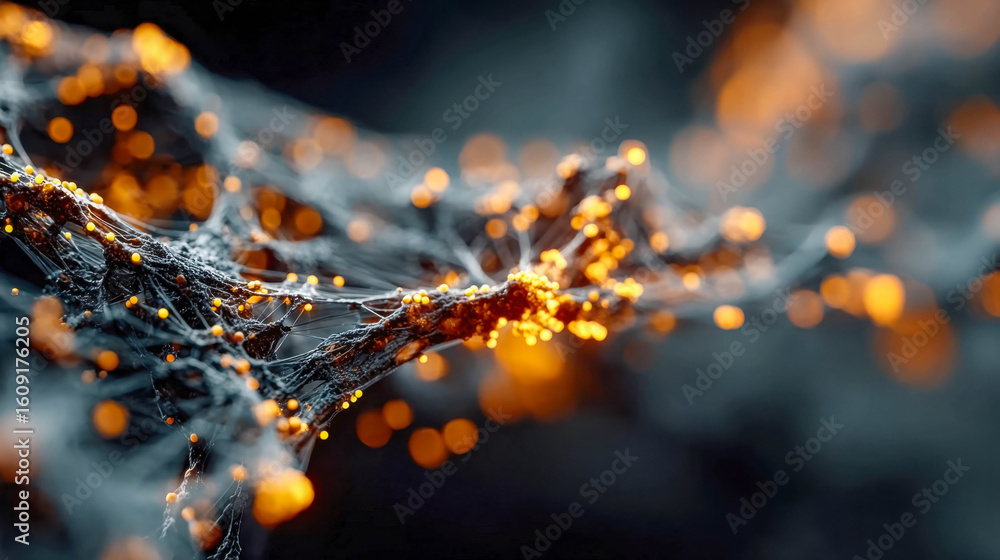 Poster close-up abstract macro image of glowing neural-like filaments with orange lights and dark organic t