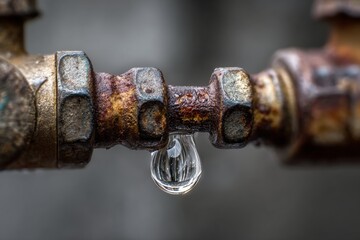 Rusty pipe with hanging droplet and corroded surface