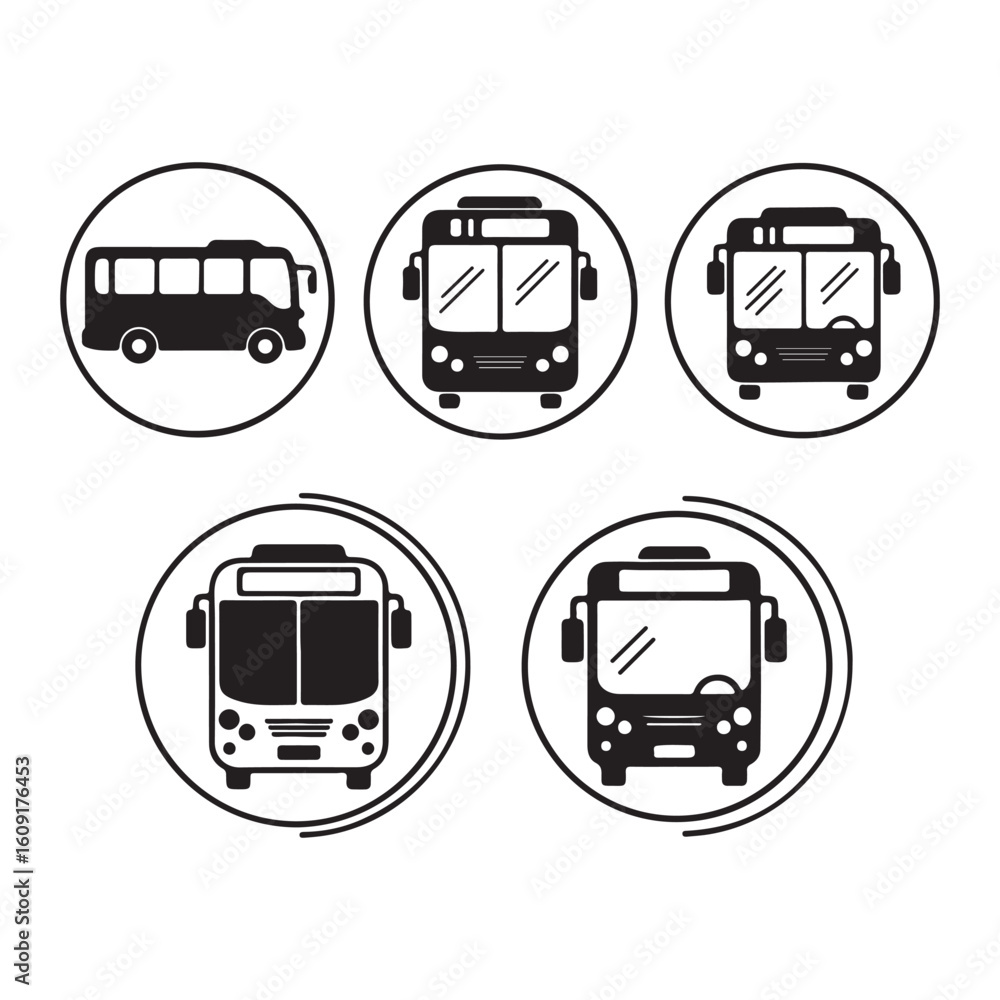 Aufkleber set of circular bus icons in black and white with front and side views in a minimalist design