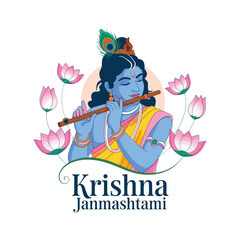Naklejka premium Krishna Janmashtami Illustration with Flute, Lotus and Peacock