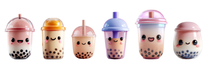 Collection of smiling bubble tea drinks with kawaii faces, each in a colorful cup with tapioca pearls and playful lids