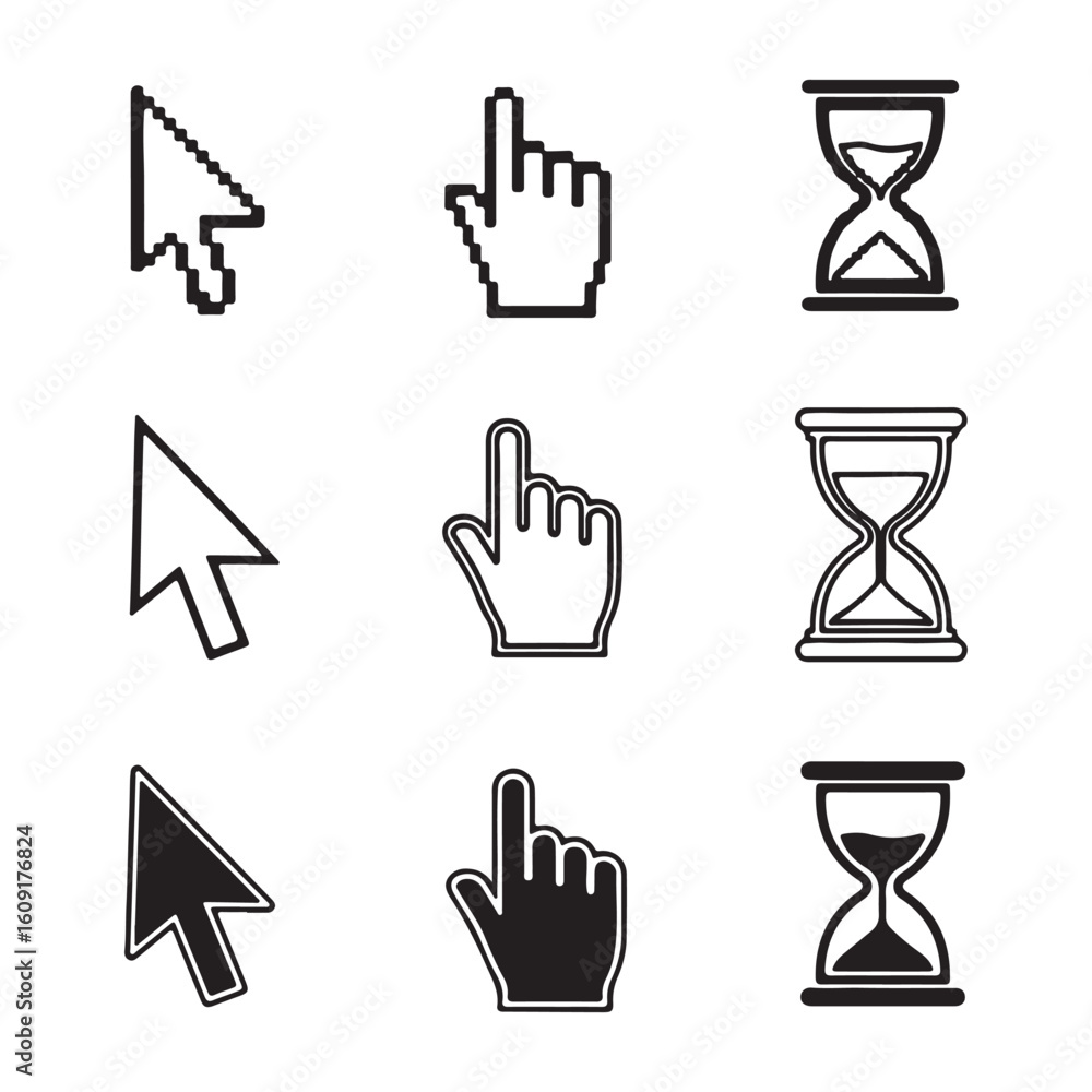 Poster cursor hand and hourglass icons representing computer interaction waiting and selection tasks black 