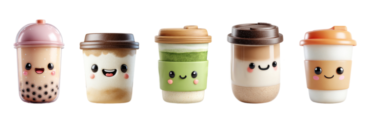 Set of cheerful drink cups featuring coffee, matcha, and bubble tea in colorful kawaii designs with adorable expressions