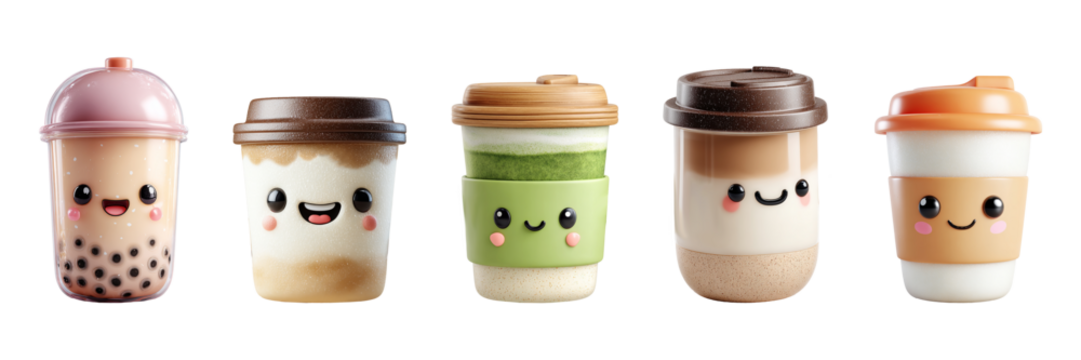 Set of cheerful drink cups featuring coffee, matcha, and bubble tea in colorful kawaii designs with adorable expressions - Powered by Adobe