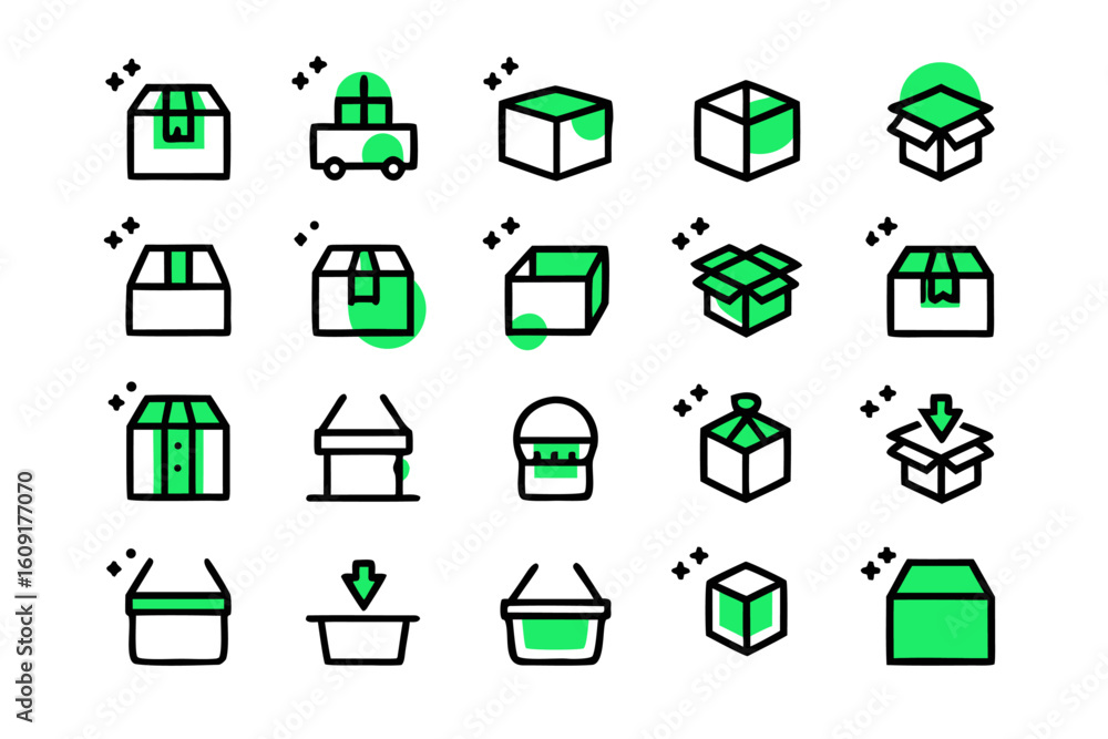 Poster clean and modern line graphics for packaging and storage solutions featuring open and closed contain