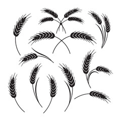 Black and White Wheat Stalk Illustration Featuring Various Arrangements and Angles for Harvest or Agricultural Themes and Designs