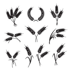 Black Silhouette Wheat Illustrations A Diverse Collection of Wheat Stalks Bunches and Wreaths on a White Background