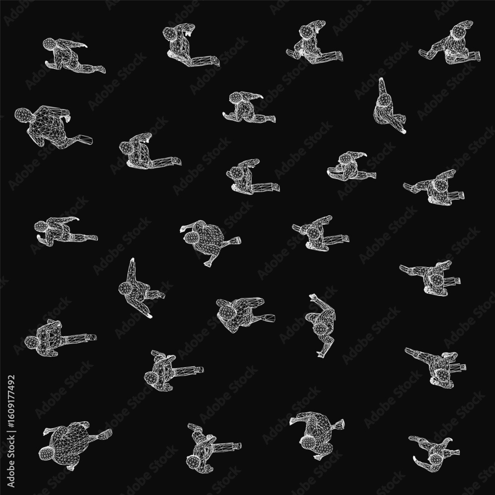 Poster a wireframe group of people running in different directions on a black background, symbolizing human