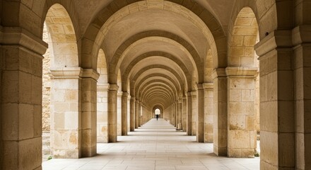 Fototapeta premium Ancient stone arcade stretches into the distance with a lone figure.