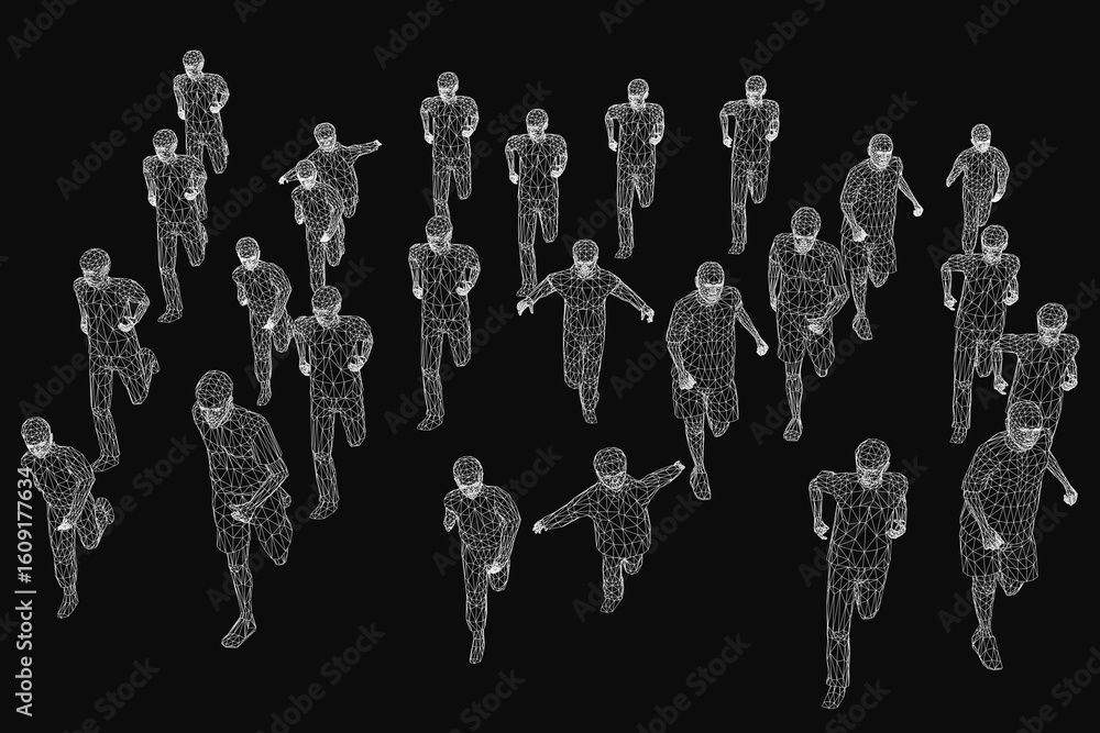 Poster a group of people running in a line forms a 3d wireframe model of a human body on a black background