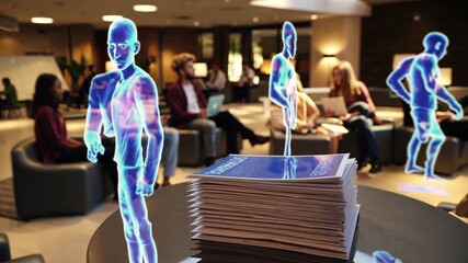Hologram of human anatomy rotating on sleek table, displaying futuristic medical technology within modern office lobby, professionals working in background - Powered by Adobe