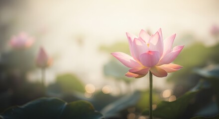 Delicate pink lotus flower blooms in soft sunlight