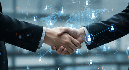 Two business professionals shaking hands with a global network overlay, symbolizing digital partnership and international collaboration.
