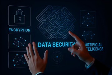 Hands interact with a futuristic display highlighting data security, encryption, and artificial intelligence for cybersecurity