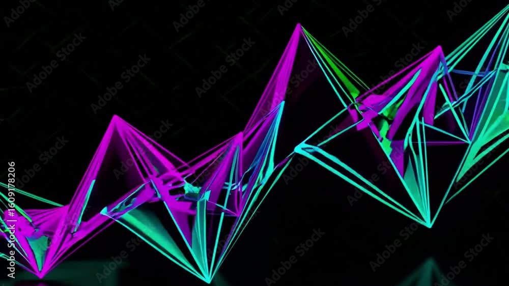 Poster a vibrant display of interconnected lines forming an abstract pattern in shades of green and pink ag
