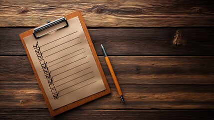 Digital audit checklist overlay on woodgrain gradient table with pen template