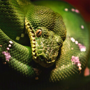 Green Tree Python Coiled in Terrarium
