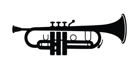 Naklejka premium Elegant Black Trumpet Silhouette on White Background for Musical Designs and Creative Projects Jazz Instrument