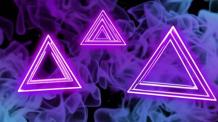 Three neon triangles floating among smoke, a modern art design, featuring a futuristic vibe and radiant light - Powered by Adobe