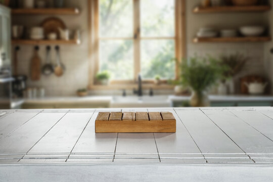 White rustic wooden table with clear copy space for product placement and background of cozy and bright kitchen interior with natural sunlight streaming through window. 