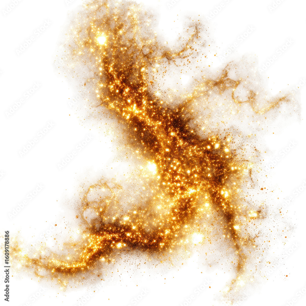 Poster golden cosmic dust swirls in a galaxy-like formation creating a dazzling spectacle in a surreal cele