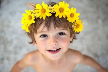 Happy vacation time holidays idea pattern. Happy caucasian toddler boy with brown hair wearing yellow flower circlet on his head. Dawn light. Happy little traveler. Boy surrounded by flowers.