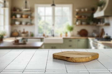 White rustic wooden table with clear copy space for product placement and background of cozy and bright kitchen interior with natural sunlight streaming through window. 