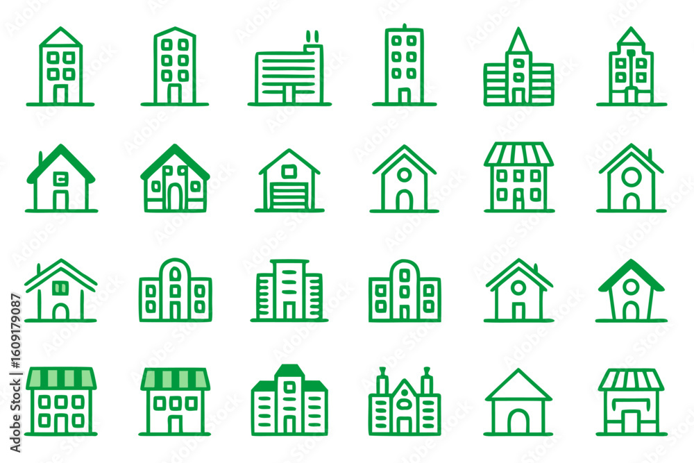 Poster clean and modern line art building icons collection featuring architectural structures and city elem