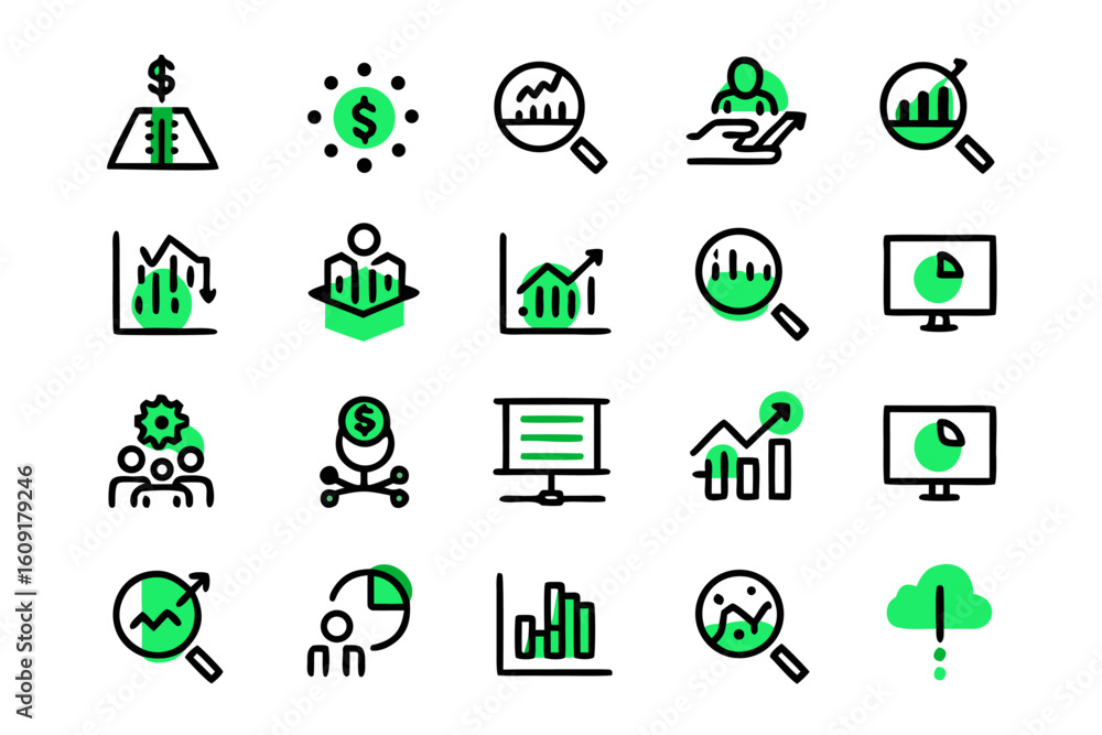 Poster comprehensive collection of adaptable business analytics line art icons for digital presentations an